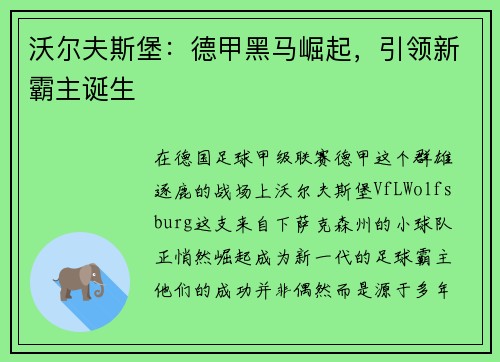沃尔夫斯堡：德甲黑马崛起，引领新霸主诞生
