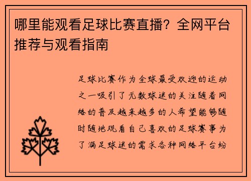哪里能观看足球比赛直播？全网平台推荐与观看指南